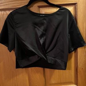 Twist front black satin cropped shell top